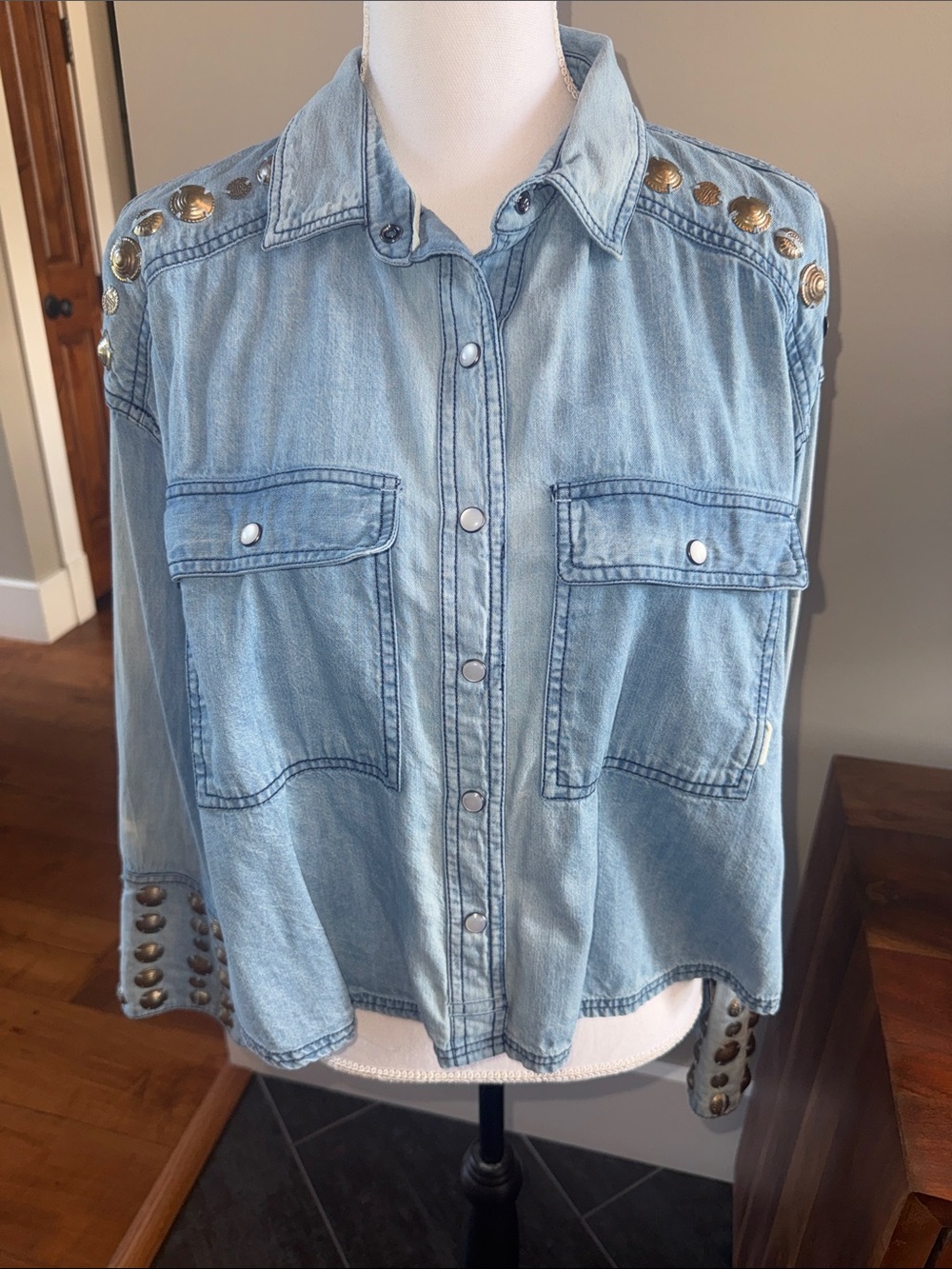 Free People We The Free Studded Chambray Western Shirt Small Oversized